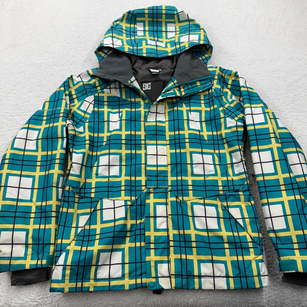DC Shoes Exotex 5k Snowboard Jacket Mens Small Teal Yellow Plaid Waterproof Hood